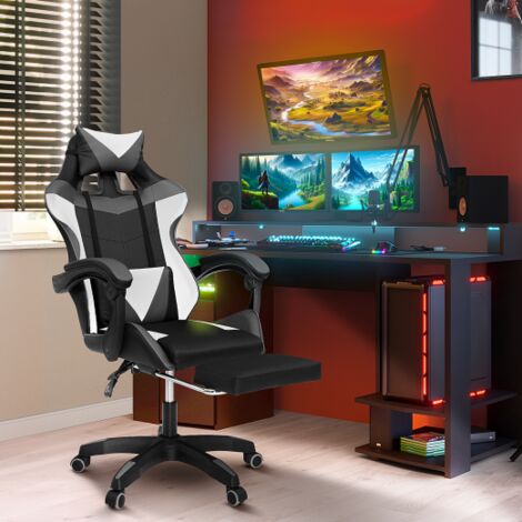 Silla de juego ALEX regulable con reposapiés, reposacabezas y cojines lumbares en negro, blanco y gris