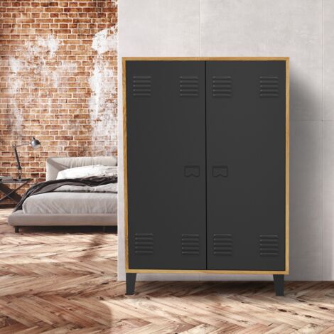 ESTER Mueble de café de 2 puertas de metal negro con marco de madera de diseño industrial