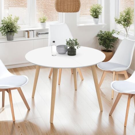 ANGELA mesa de comedor redonda 4-6 personas patas de madera blanca 110 cm