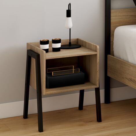 Lote de 2 mesitas de noche DALAT, 1 nicho de madera y patas de metal negro, diseño industrial
