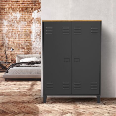 ESTER Armario de 2 puertas de metal negro con tapa de madera de diseño industrial