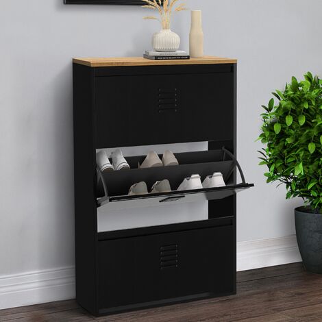 ESTER Zapatero de 3 puertas y 18 pares de metal negro con tapa de madera de diseño industrial
