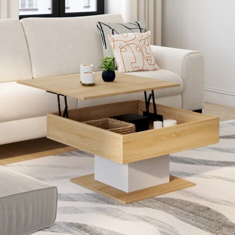 Mesa de centro cuadrada elevable EDEN de madera y blanco