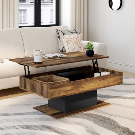 Mesa de centro rectangular elevable EDEN de madera oscura con efecto envejecido y negro