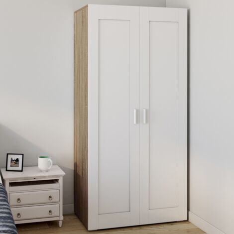 VITO blanco y madera Armario de 2 puertas 80 cm Armario con estantes maxi capacidad de almacenaje