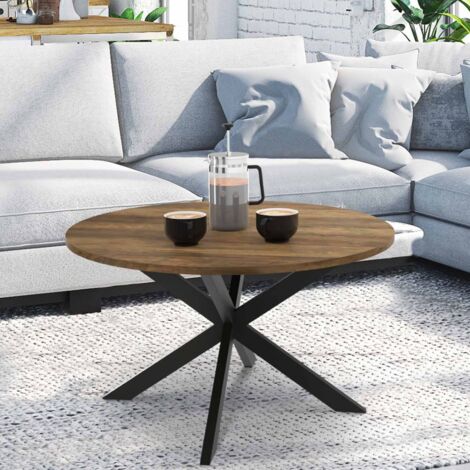 Mesa de centro redonda ALIX con tablero HAWKINS y pata de araña 70 cm madera oscura, diseño industrial