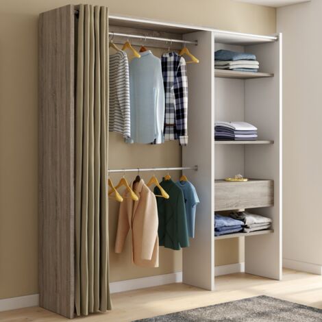 MARTY 120/170 x 50 x 180 cm blanco y madera armario extensible con cortina + doble espacio para colgar + estantes