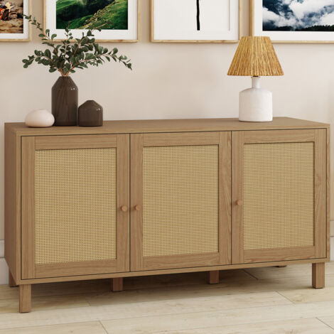 HANAE Aparador bajo vintage de 3 puertas 113 cm efecto caña natural