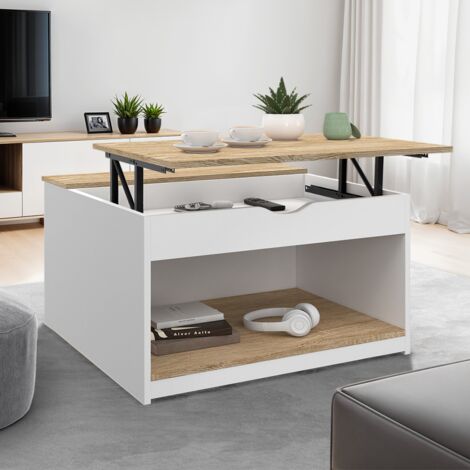 Mesa de centro cuadrada elevable ELEA con estuche de madera blanca y efecto haya