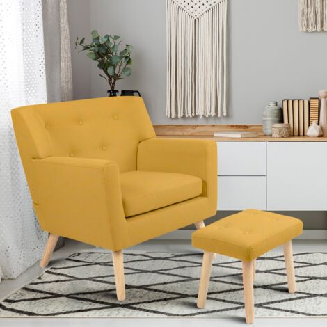 Sillón escandinavo LIV con reposapiés de tela amarilla