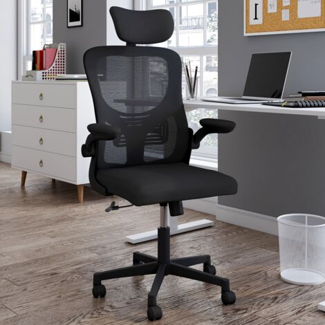 Silla de oficina ergonómica JAMES en tejido transpirable y reposacabezas con ruedas negras (1/5)