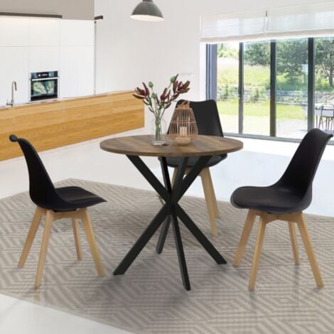 Mesa de comedor redonda ALIX con tablero HAWKINS para 2-4 personas, madera oscura y pata de araña negra 80 cm