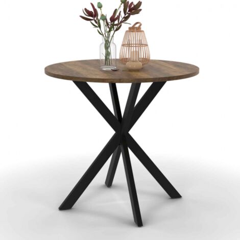 Mesa de comedor redonda ALIX con tablero HAWKINS para 2-4 personas, madera oscura y pata de araña negra 80 cm