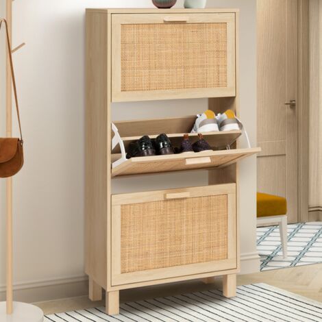 Mueble zapatero vintage de 3 puertas ELIN, efecto caña natural