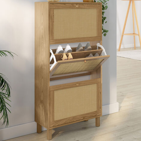 HANAE Mueble zapatero vintage de 3 puertas, efecto caña natural