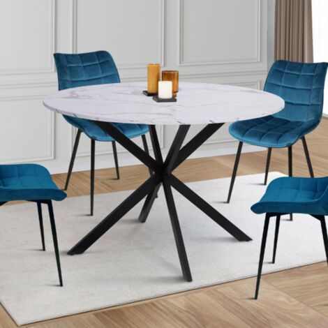 ALASKA mesa de comedor redonda 4-6 personas efecto mármol blanco y pata de araña de metal 120 cm