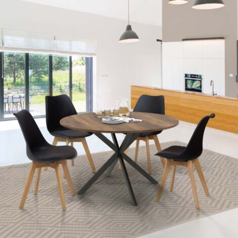 Mesa de comedor redonda ALIX con tablero HAWKINS para 4-6 personas, madera oscura y pata de araña negra 120 cm