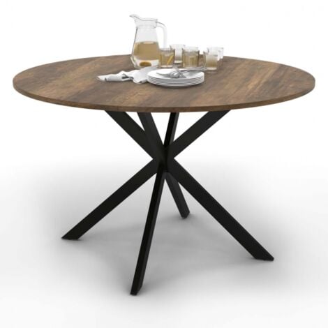 Mesa de comedor redonda ALIX con tablero HAWKINS para 4-6 personas, madera oscura y pata de araña negra 120 cm