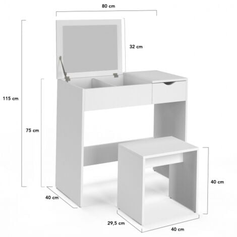 Mueble de tocador ZELIA con espejo abatible, 2 cajones y 1 taburete