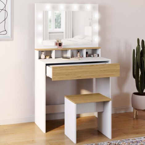 Mueble de tocador ZELIA blanco y haya con espejo LED, 4 huecos, 1 cajón y taburete