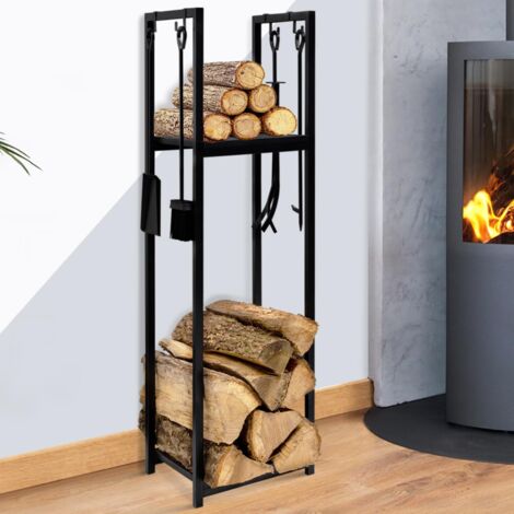 Leñero vertical de acero negro con accesorios y 1 estante H.112 CM