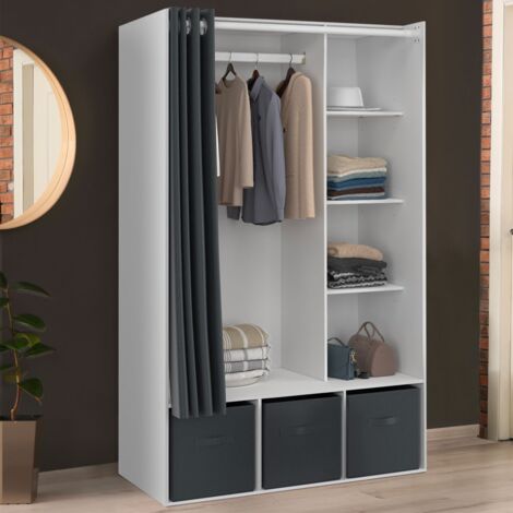 Juego de armario DIANE estantes blancos con cortina gris 106 x 50 x 172 cm