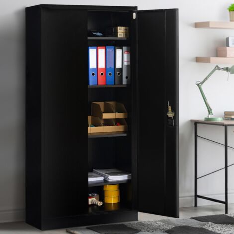 Armario de oficina 80 x 180 cm 4 estantes regulables, 5 niveles, metal negro