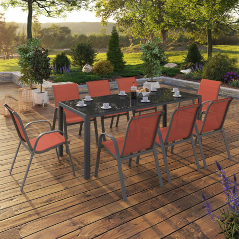 Conjunto de muebles de jardín MADRID mesa 190 CM y 8 sillas apilables terracota