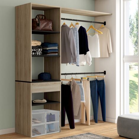 MELINE Juego de vestidor de haya 160 x 40 x 180 cm con estantes negros + cajón + armario doble