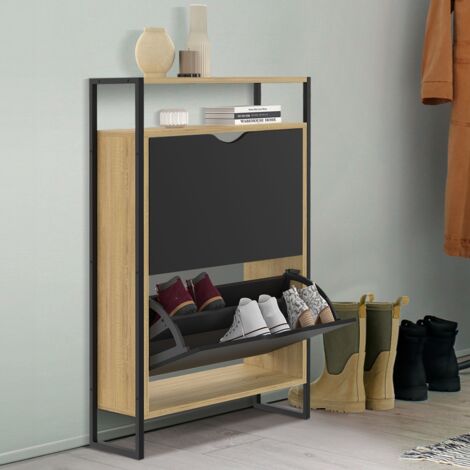 BOSTON Mueble zapatero de 2 puertas con estante superior de diseño industrial