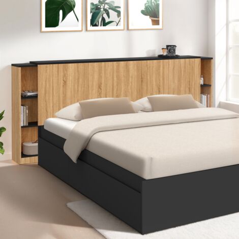Cabecero extensible CATBA con mesillas correderas para camas de 140 y 160 CM en acabado madera y negro
