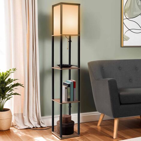 Lámpara de pie industrial de madera negra con estantes de madera clara y pantalla cuadrada blanca