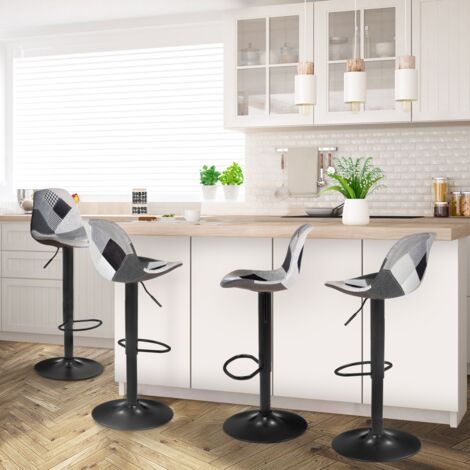 Lote de 4 taburetes de bar KARL patchwork negro, gris y blanco con patas negras