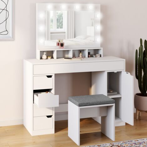 ZELIA tocador blanco con espejo LED, 4 nichos, 5 cajones, 1 mueble de almacenamiento y taburete tapizado (1/5)