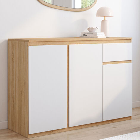 Aparador TOMI 100 cm con 3 puertas y 1 cajón, blanco y madera
