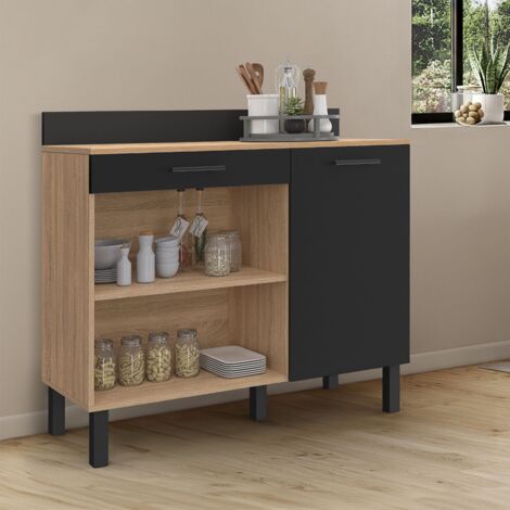 Aparador bajo de cocina 100 CM Encimera CINA H.83 cm 1 puerta + 1 cajón aspecto haya y negro
