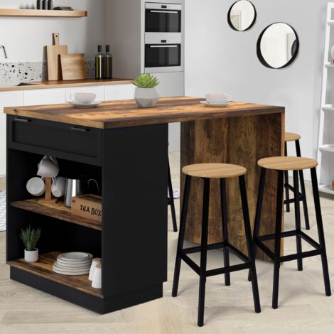 VITO Isla central de 4 plazas, madera oscura, efecto envejecido y negro, 130 cm HAWKINS