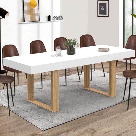Mesa de comedor rectangular extensible PHOENIX 4-8 personas patas de madera blanca 160-200 cm