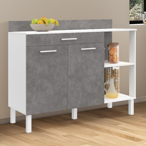 CINA 120 CM aparador de cocina bajo con encimera H.83 cm, 2 puertas + cajón, blanco y efecto hormigón