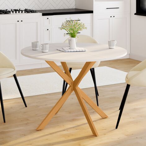 GISELE mesa de comedor redonda para 6 personas, pata de araña de madera, tablero blanco 110 cm
