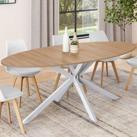 Mesa de comedor oval ALIX, madera y pata de araña blanca, 10 personas, 200 cm