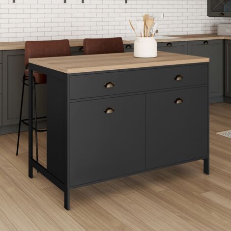 Isla central 120 cm campaña ISIS con madera imitación haya y encimera negra