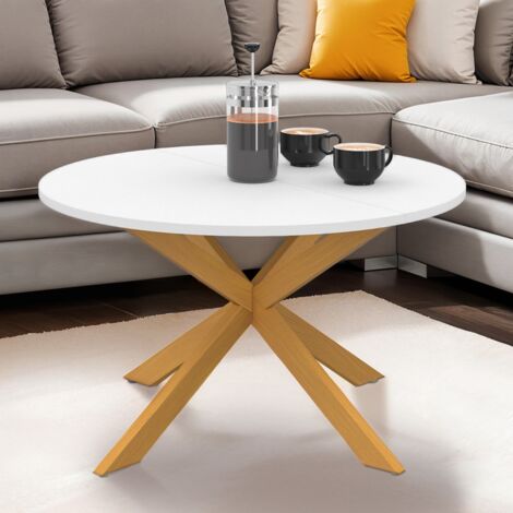 Mesa de centro redonda GISELE, 70 cm, pata de araña, tablero blanco y pata de madera