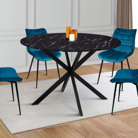 ALASKA Mesa de comedor redonda para 4-6 personas con efecto mármol negro y pata de araña de metal 110 cm