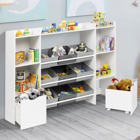 Mueble de almacenaje infantil MANA con 7 estantes, 6 cubos de tela y 2 cubos con ruedas, blanco (1/5)