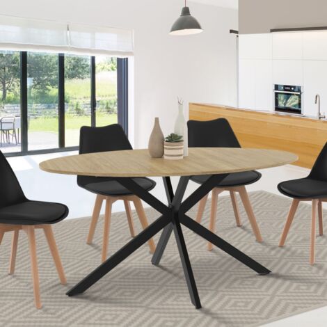 Mesa de comedor oval ALIX, madera y pata de araña negra, 6 personas, 150 cm