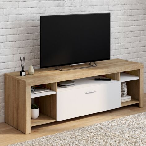 Mueble TV MALO 140 cm en madera y armario blanco