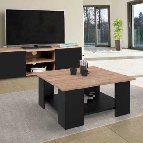 Mesa de centro cuadrada ELI, negra, tablero efecto haya