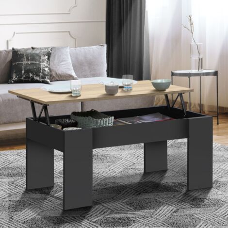 Mesa de centro elevable TARA de madera negra e imitación de haya