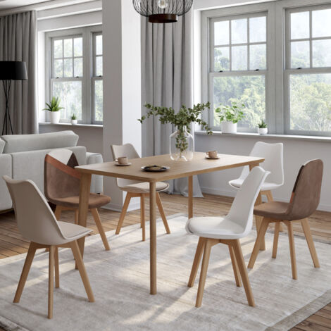 Lote de 6 sillas escandinavas SARA beige y blancas con terciopelo patchwork marrón y beige (1/5)
